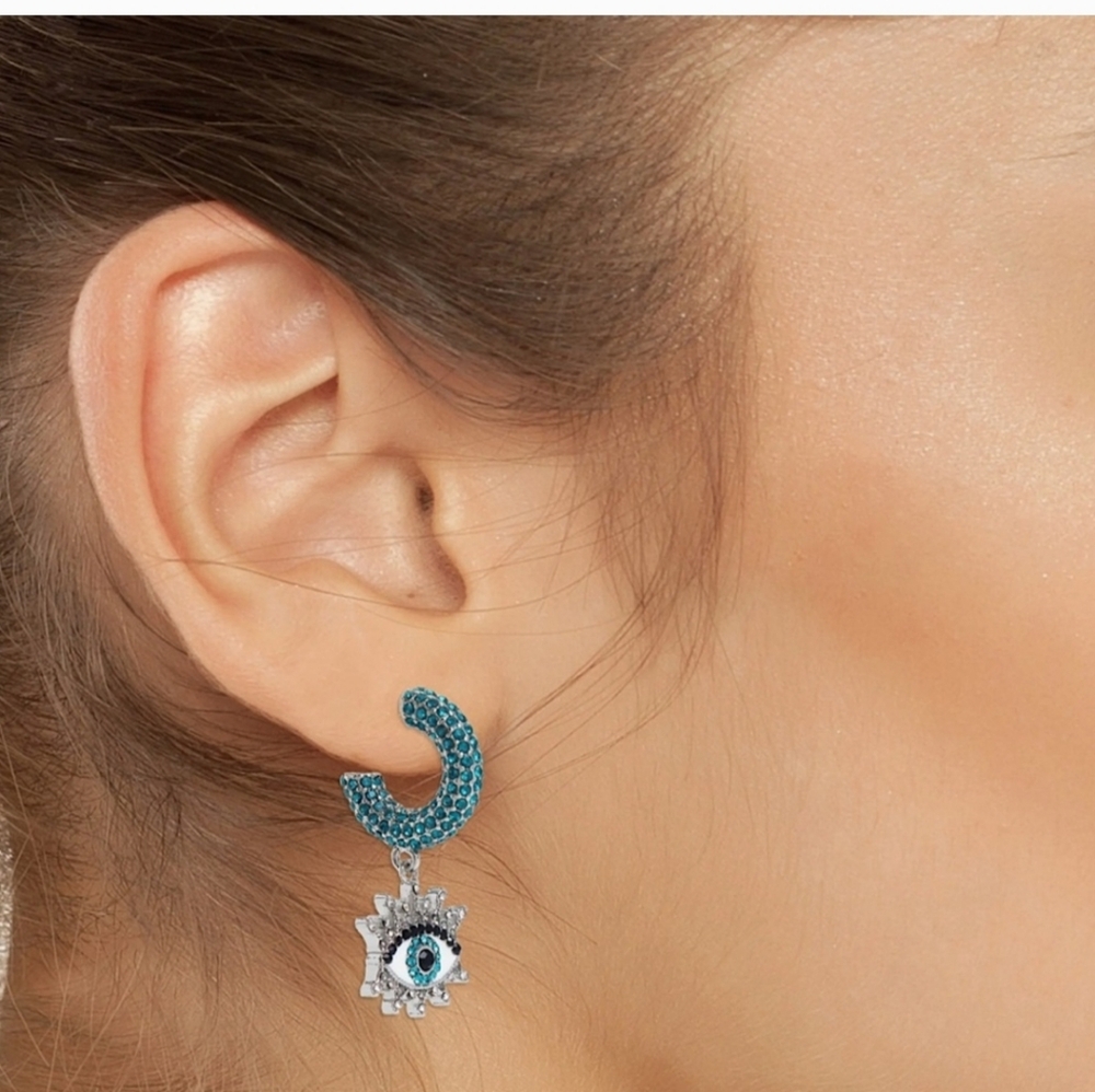 Kurt Geiger London Evil Eye Blue Crystal Huggie Drop Earrings - Picture 2 of 6